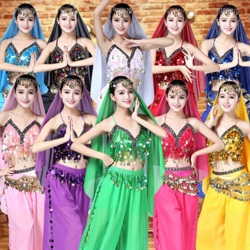 Women's belly dance costumes stage performance red yellow green violet  cosplay professional sexy Indian queen dancing tops and bloom pants